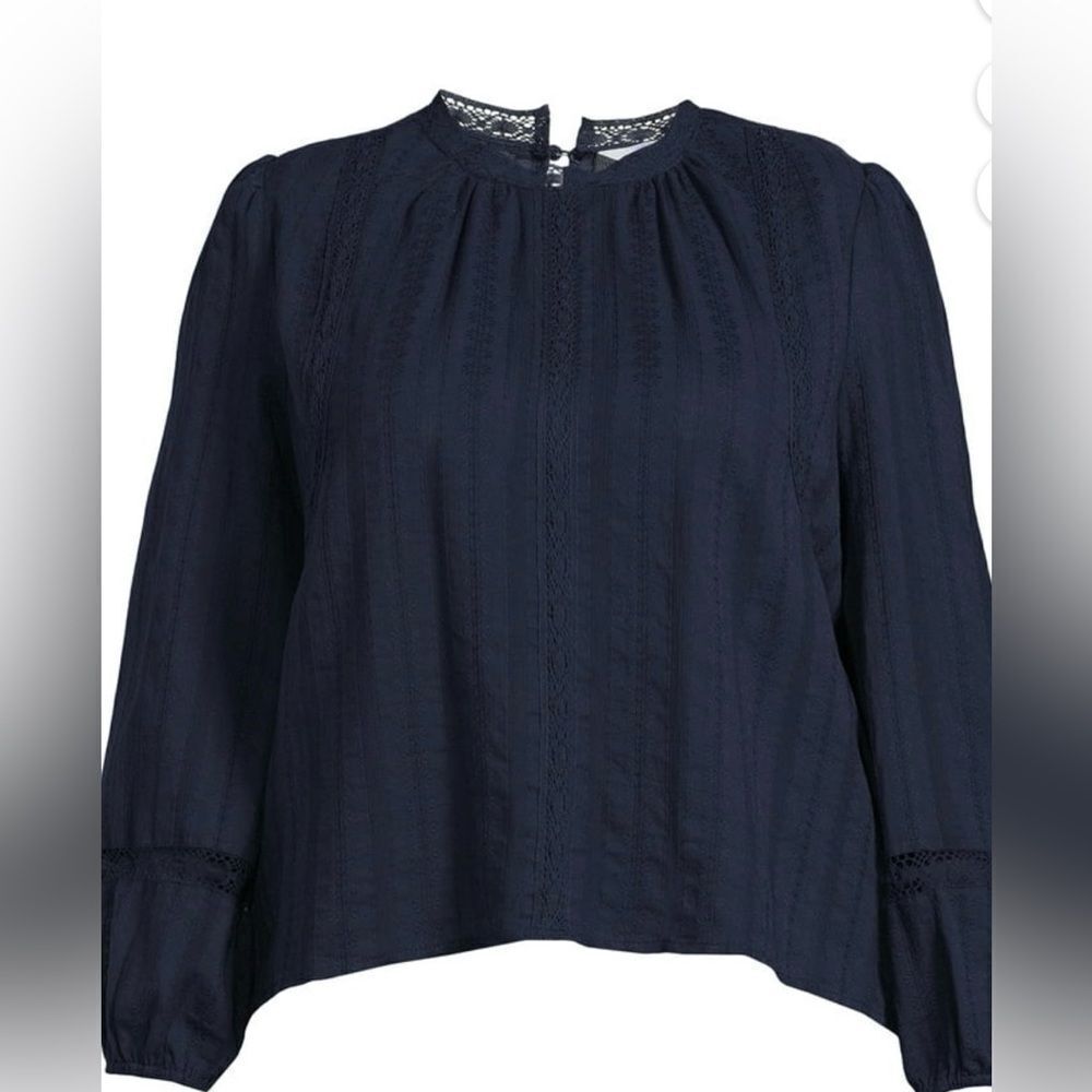 Cottagecore Blouse Navy Blue High Neck Elegant Crochet Lace Accents size 16-18 - Picture 5 of 15